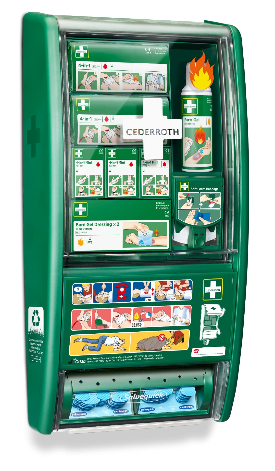 Cederroth First Aid och Burn Station väggskåp med burn gel, förband och Salvequick plåsterautomat