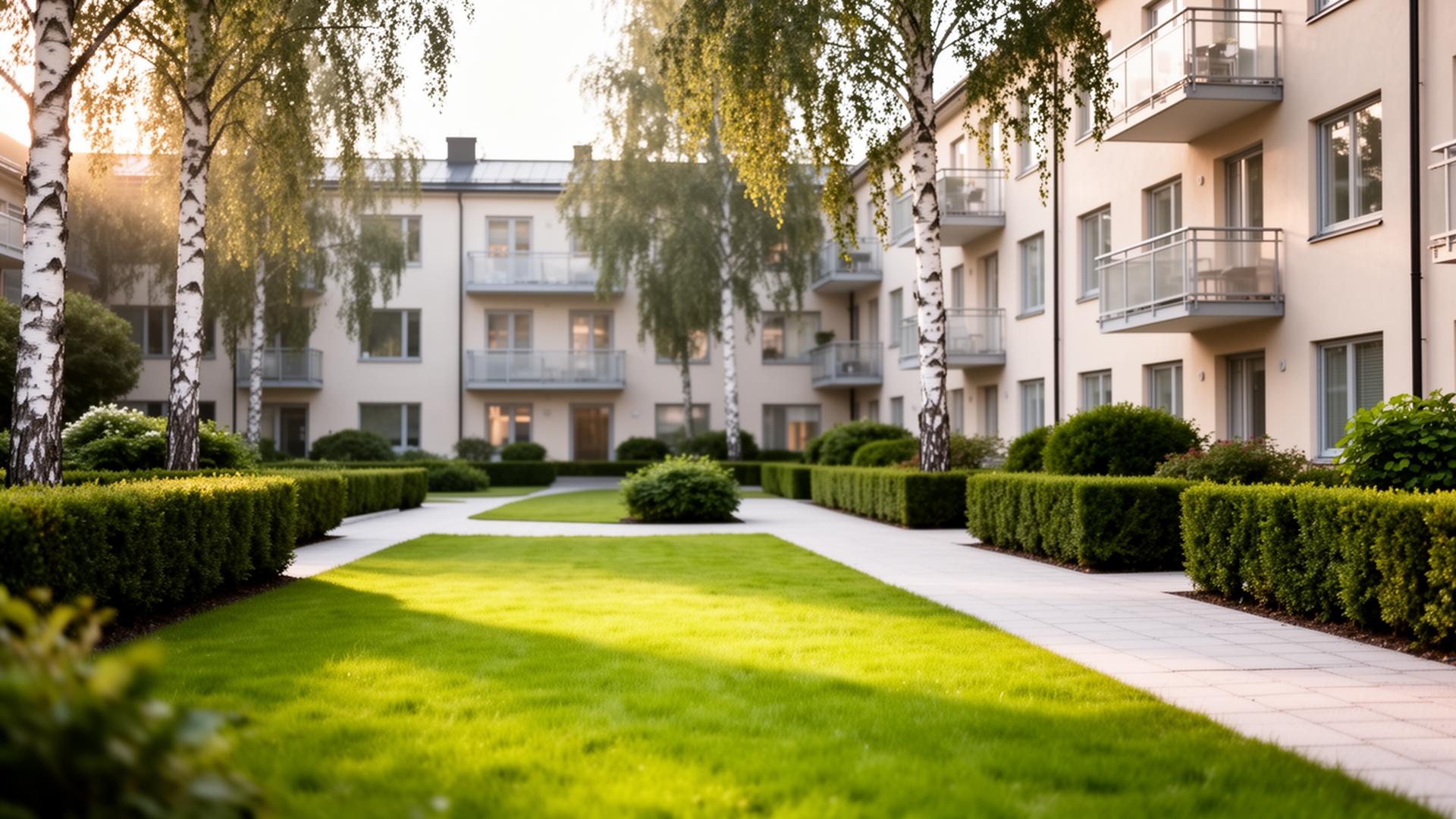 Välskött innergård med klippt gräsmatta och formade häckar vid bostadsrättsförening