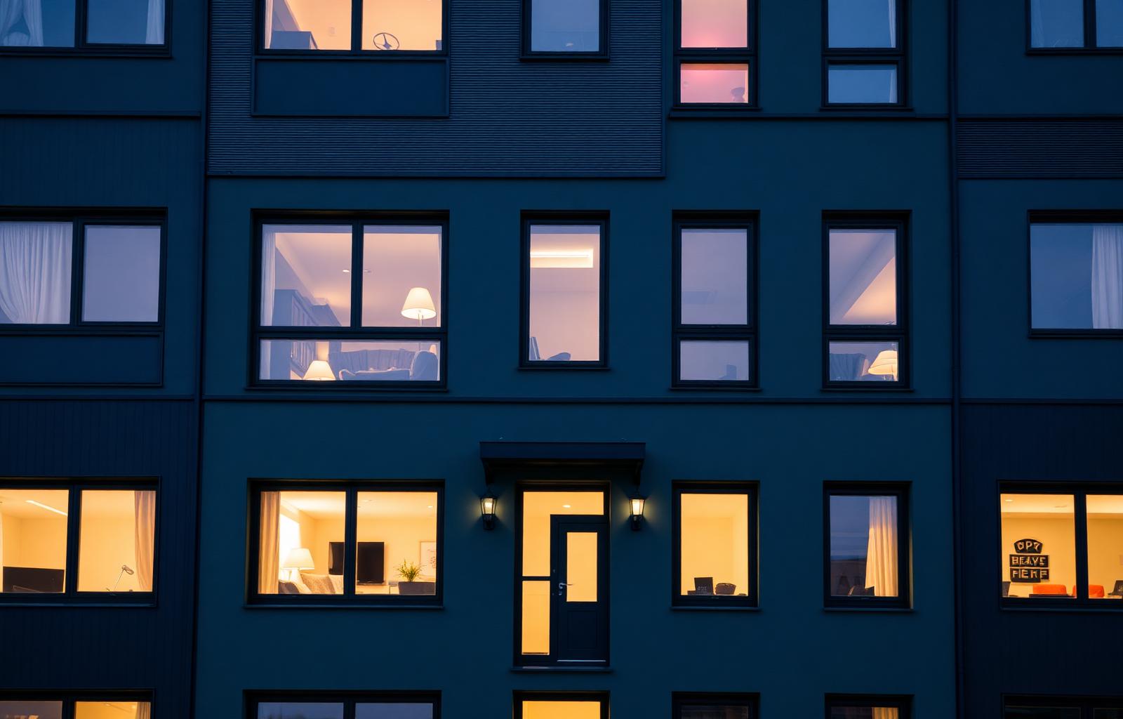 Modern bostadsfastighet i kvällsljus